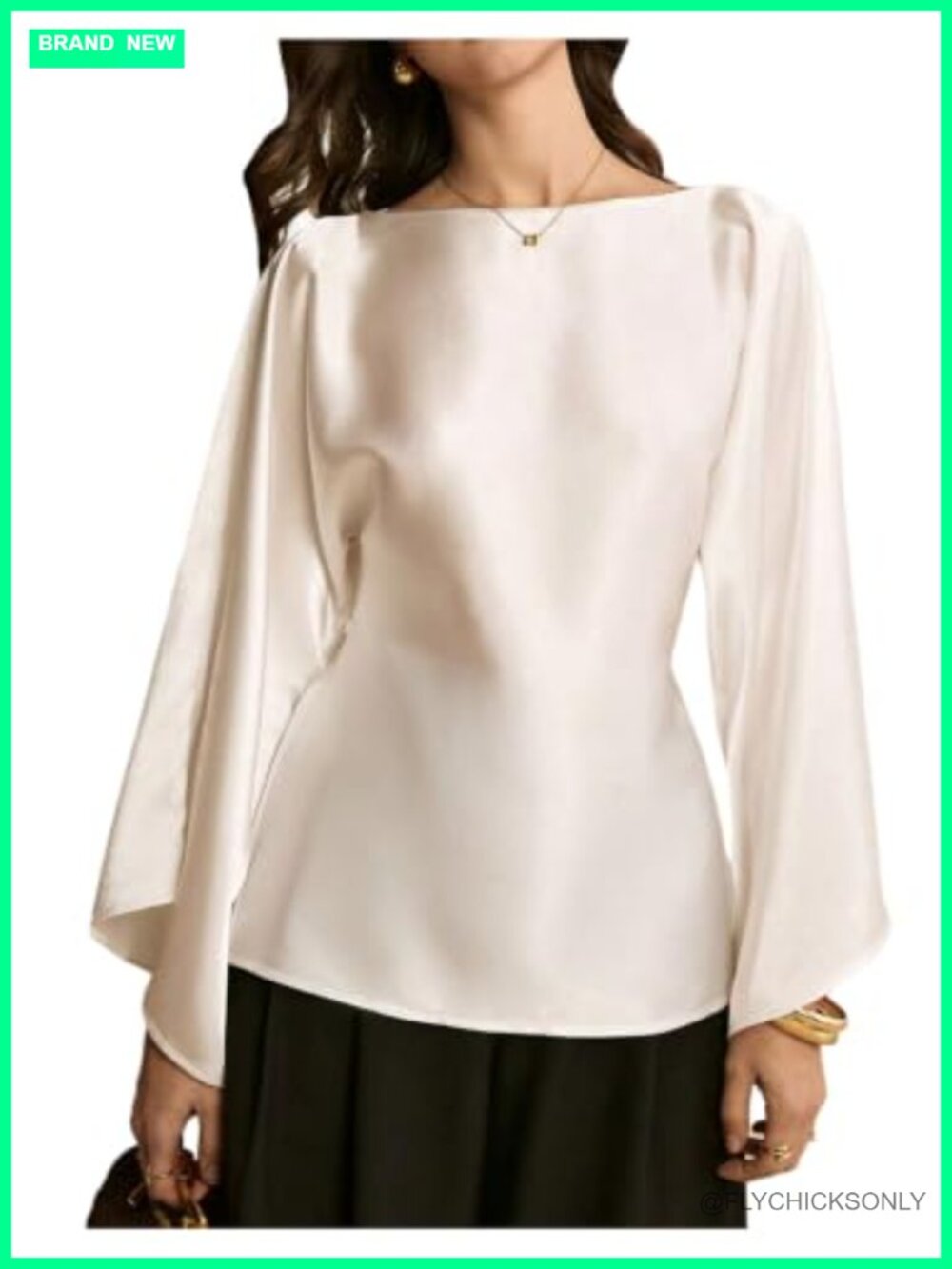 Satin Blouse Long Sleeve Boat Neck Tie Knot Back Top